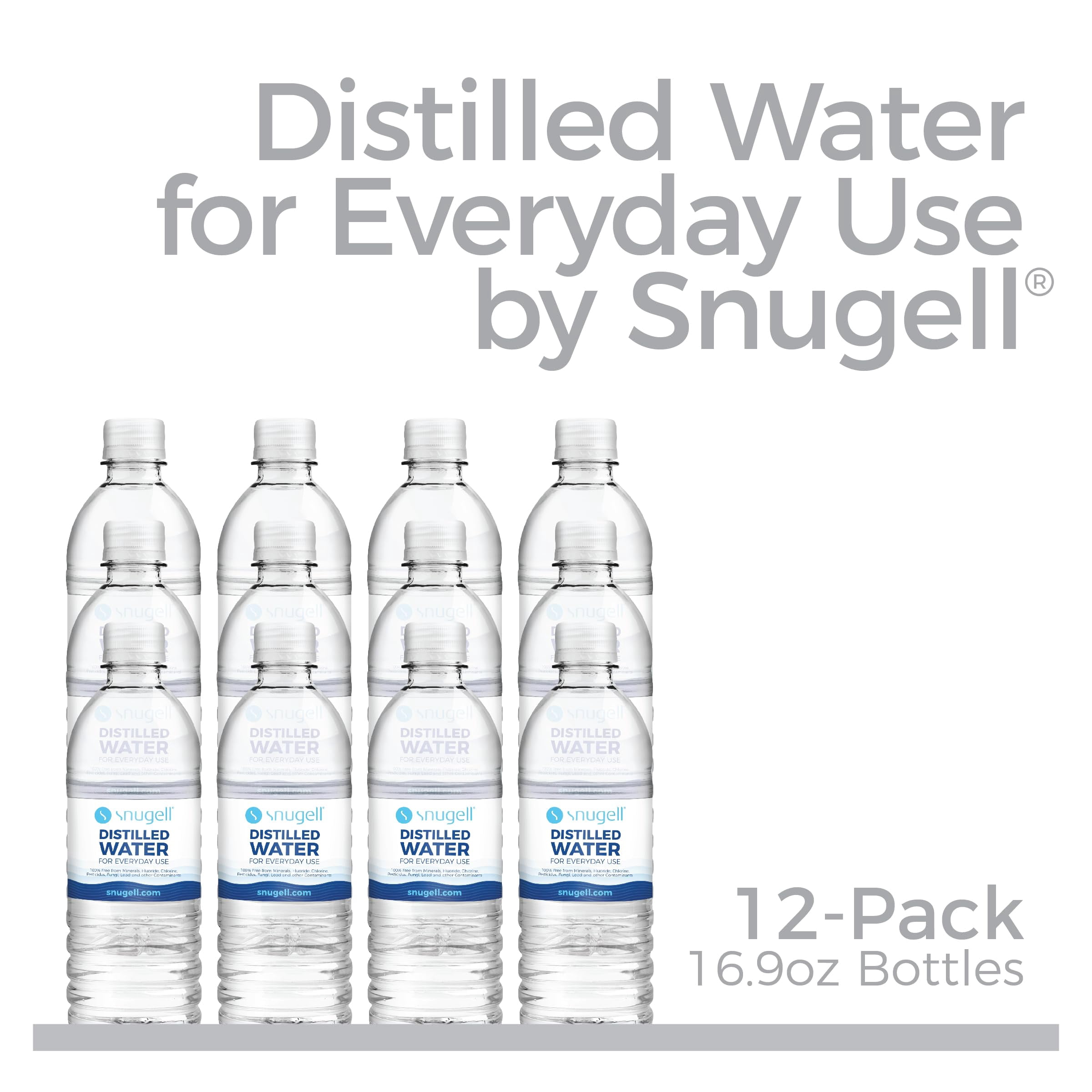 Snugell Distilled Water 16.9 oz Bottles 12-Pack | Pure, Safe, Clean, Ultra-Filtered | BPA Free | Convenient Everyday Use Distilled Water | Made in USA