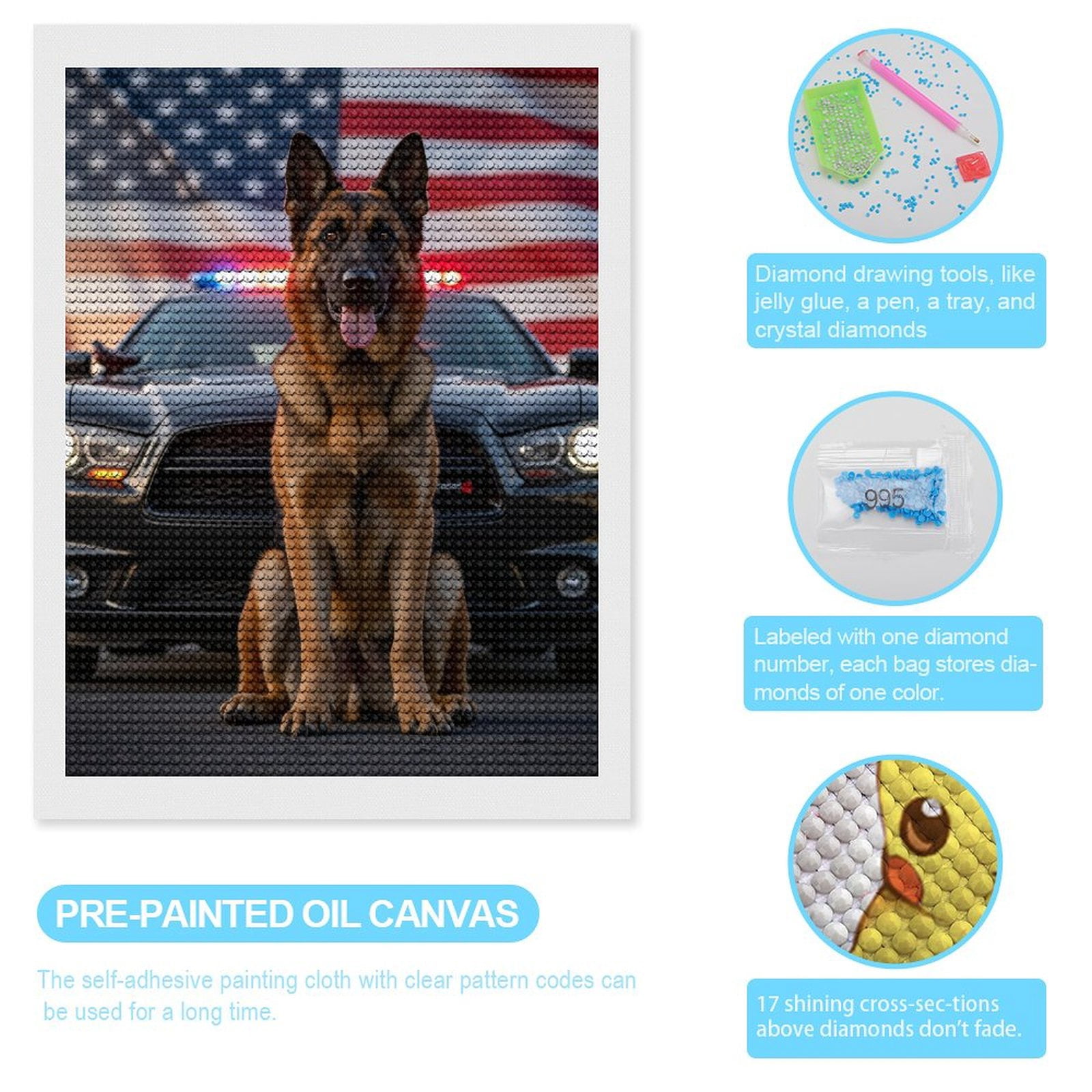 Diamond Art Kits for Adults, Dog Police Car American Flag 5D Diamond Painting Kits for Adults Beginners, DIY Full Drill Diamond Painting, Gem Art and Crafts 12x16