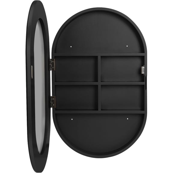 Oval Bathroom Mirror Cabinet 21x31Inch Bathroom Wall Storage Cabinet with Slow-Close Wooden Frame 3 Level for Toilet, Living Room, Kitchen (Black)