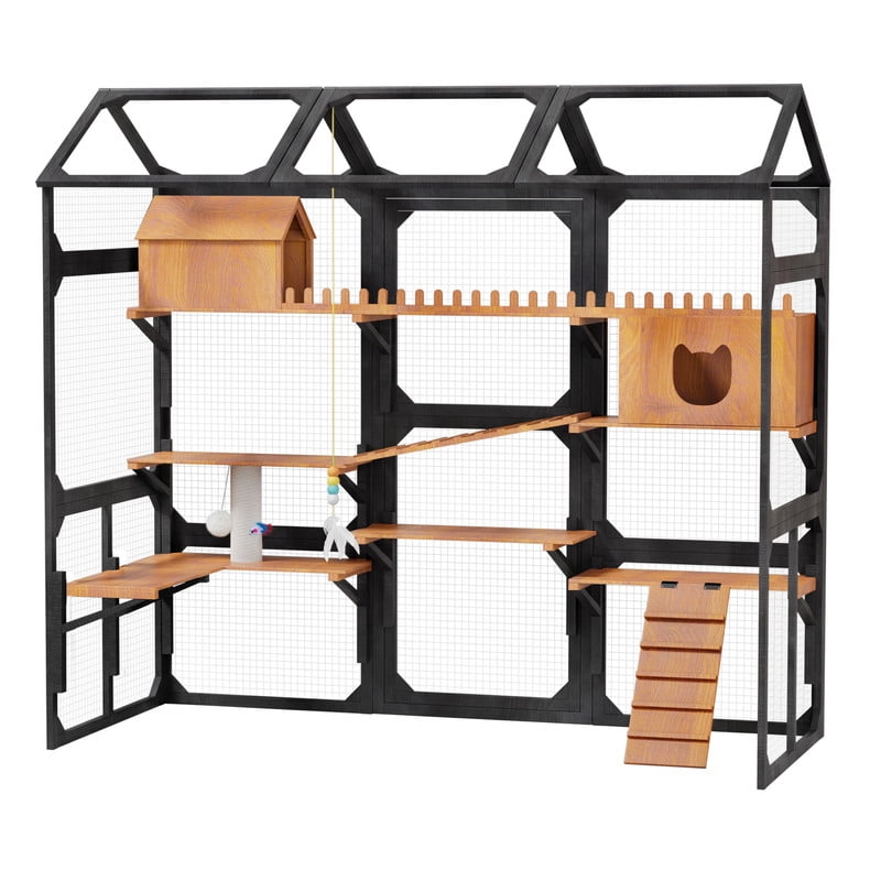 Mirightone Catio Outdoor Cat Enclosures Window with Wire Mesh & 2 Plant Stands, Large Outside Cat House with Weatherproof, Resting Box, Climbing Ramps for Backyard - Black