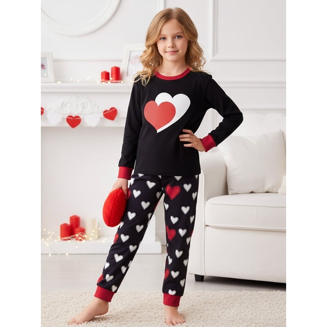 Argulvti Valentines Day Matching Family Pajamas Set Stylish Love Heart Pattern Family Matching Outfits