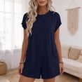 thumbnail image 2 of Lovzfmll Combinaison pour Femmes, Col Rond à Manches Courtes avec Poche, Jambe Grand, Barboteuse d'Été Décontractée Bleu Marine, G, 2 of 9