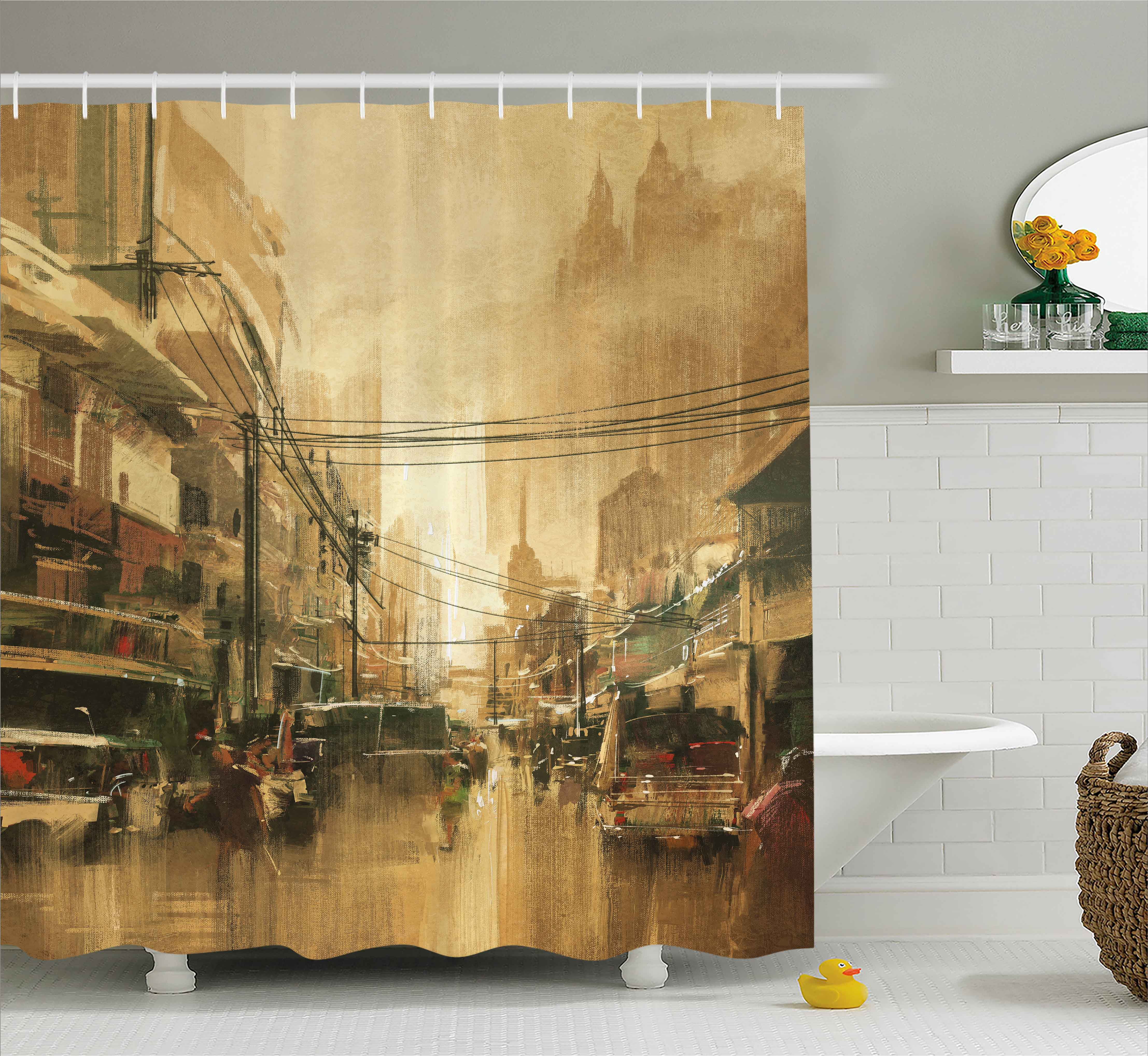Retro Shower Curtain, Acyrlic Style Vintage Old City Street View