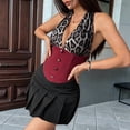 thumbnail image 4 of Women'S Leopard Print Contrast Halter Crop Top, Deep V Neck, Button Closure, Sleeveless, Open Back Tank Top Wine Red S, 4 of 8