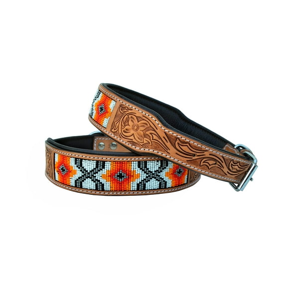 Leather Dog Collar Western Style Heavy Duty Hand Tooled Adjustable Beaded and Padded Soft for Puppies and Big Dogs 10AB021-S