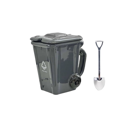Trash Can Ceramic Mug with Lid - Mini Recycling Bin Coffee Cup, Quirky Desk Gift for Office, Includes Spoon for Stirring Gray