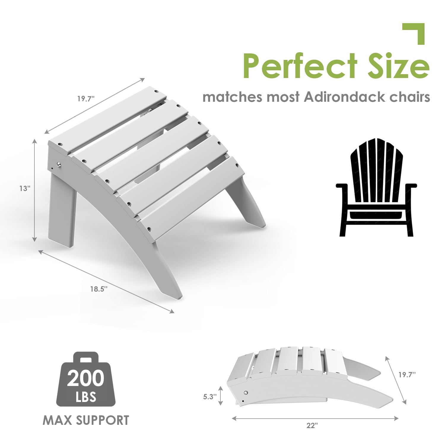 Folding Adirondack Ottoman HDPE Outdoor Adirondack Chair Footrest for Outside Indoor,19.7in W,White