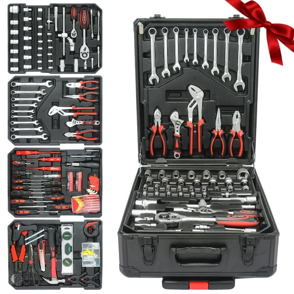 Tool Set - Seizeen 899 Pieces Professional Mechanics Hand Tool Set, Mobile Tool box on Wheels W/Ratchets&Socket, Screwdriver, Tongs, Black 4-layer Tool Case & Tool Kit COMB for Man Repairer Artisan