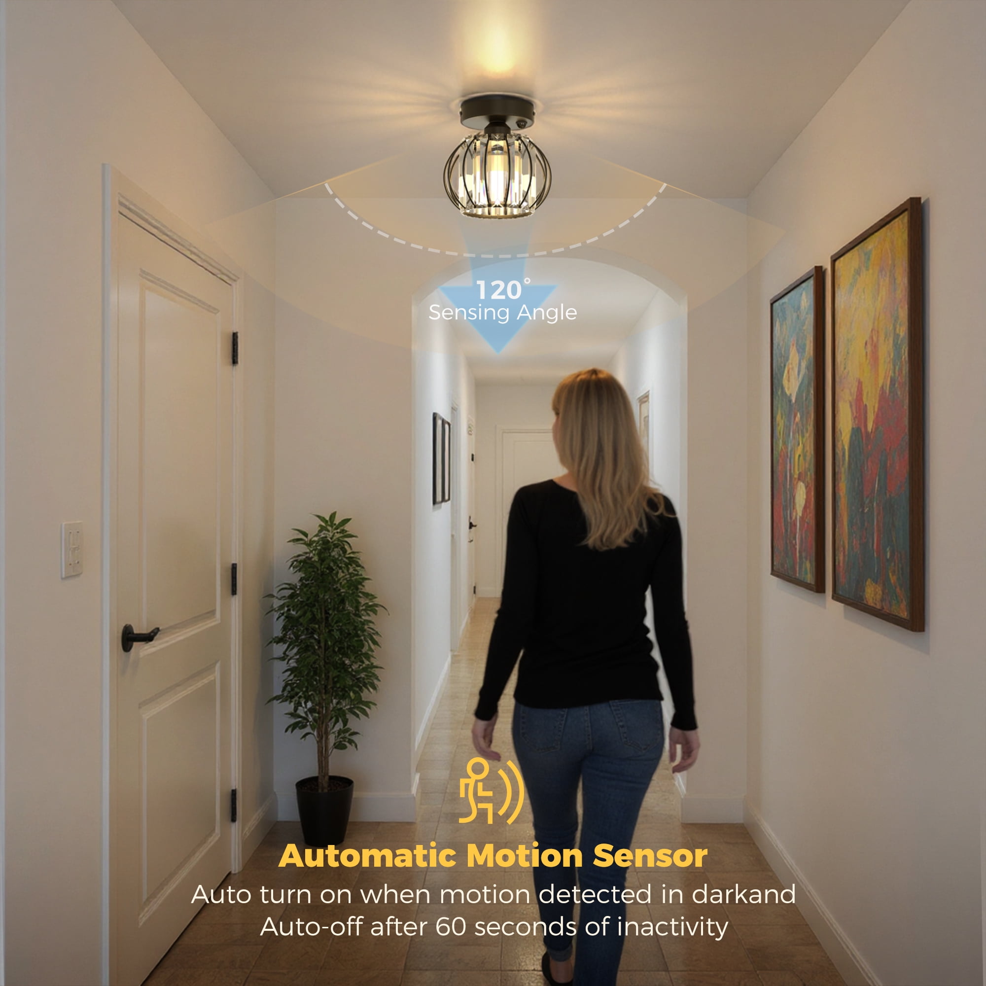 YANSUN 7 in 1 Light Smart Lighting, Black Semi Flush Mount Ceiling Light with Motion Sensor, Modern Light Fixture for Entryway, Closet, Kitchen, Bedroom, Hallway