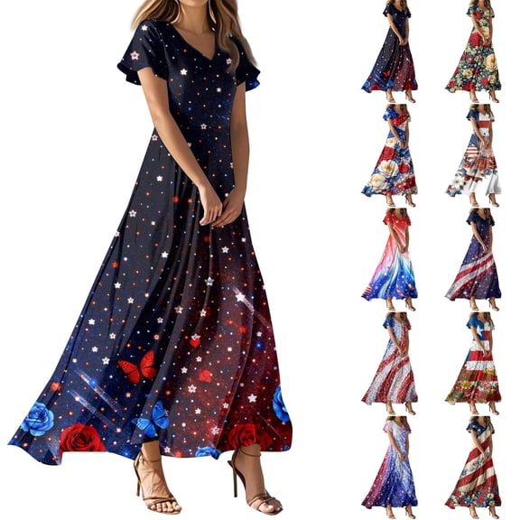 Wutalume Summer Dresses Patriotic Print - V-Neck Short Sleeve Colorful Sundress for 4th July Parade, Womens Summer Dresses ,Blue L