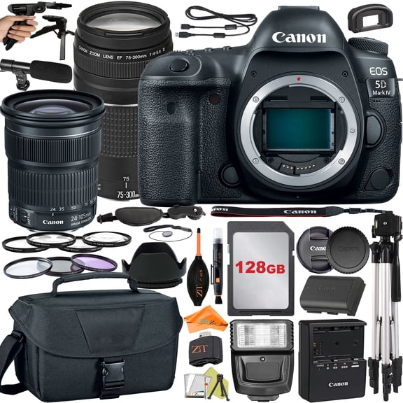 Canon EOS 5D Mark IV DSLR Camera with 24-105mm   75-300mm Lens   SanDisk 128GB   Microphone   Flash   ZeeTech Accessory Bundle (International Version)