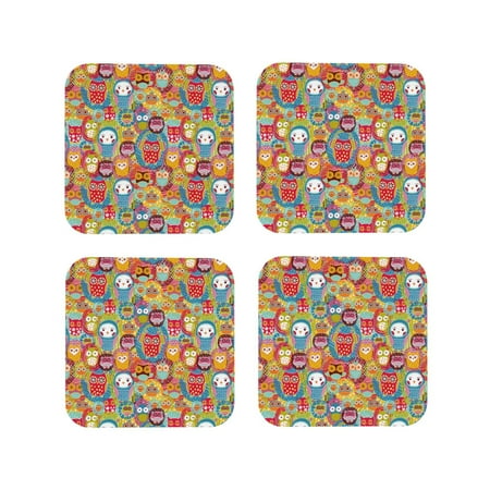 

Fuzoiu Boho Cute Owls Print Leather Coasters Set Drink Coasters Set of 4 for Tabletop Protection Durable PVC Coasters Home Décor and Housewarming Gift-Square