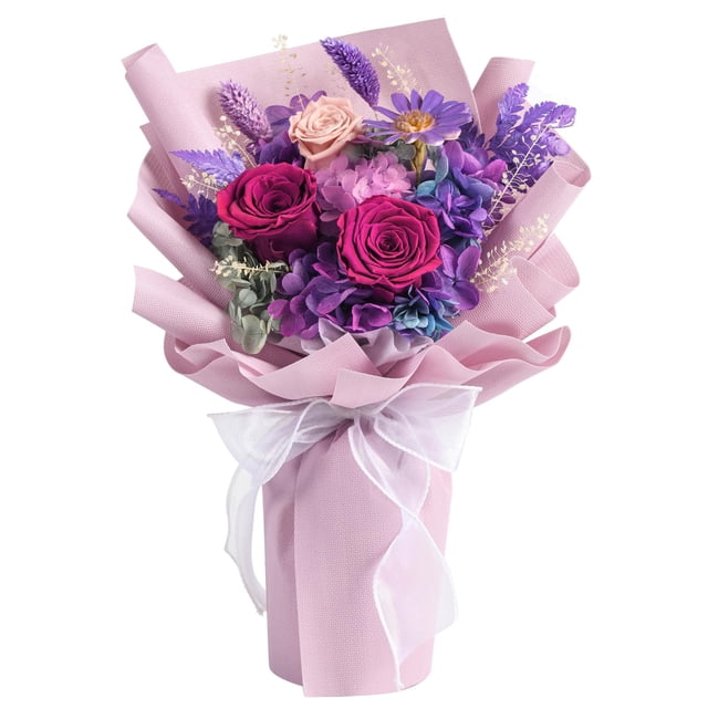 Ramo de flores preservadas, dobladas al amor, rosa púrpura
