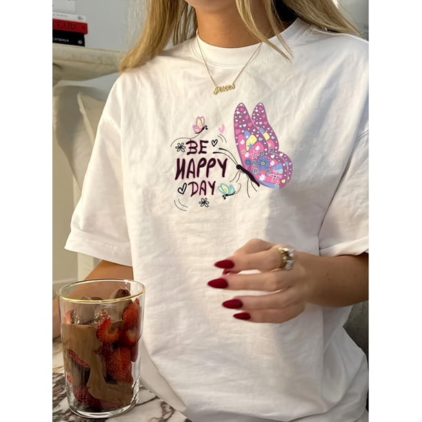 Vintage Crew Neck Butterfly Print Tee for Women, 100% Polyester Knit Fabric, Regular Fit Short Sleeve Geometric Pattern T-Shirt for Summer