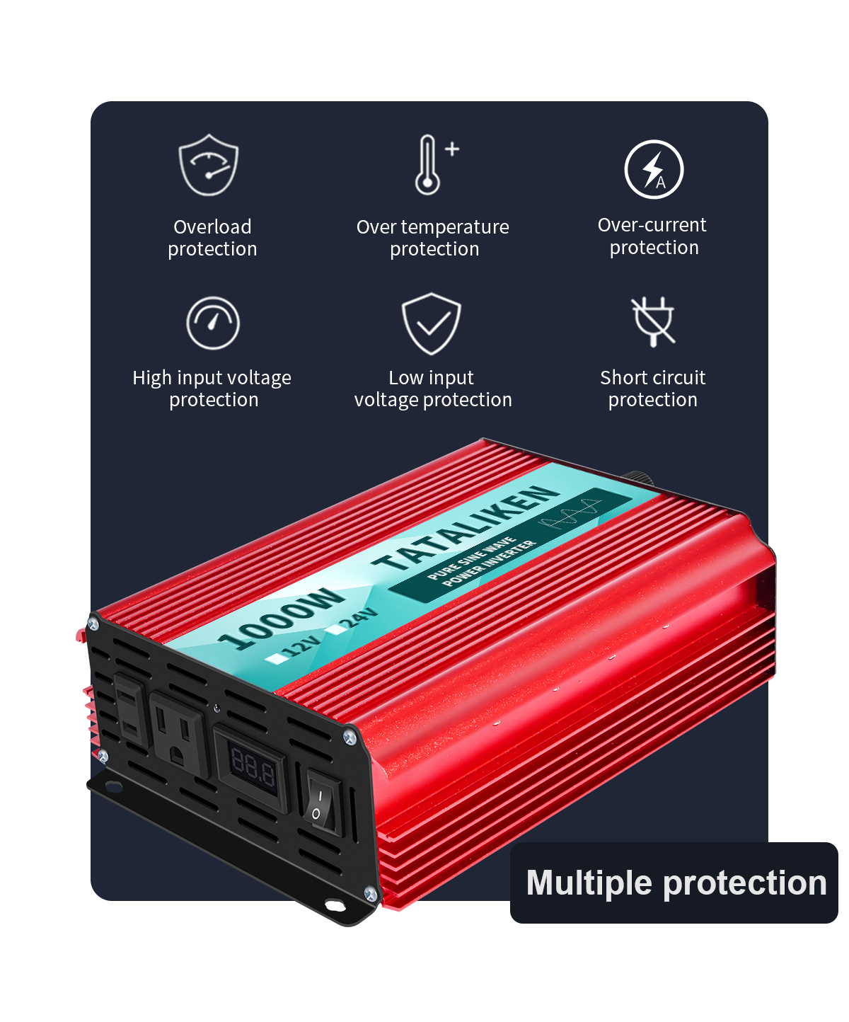 TATALIKEN 1000 Watts 2000 Watts Pure Sine Wave Power Inverter DC 12V to AC 110V/120V Car Inverter with 2 AC Outlets for Power Tools Home Vehicles RV Truck, LCD Display