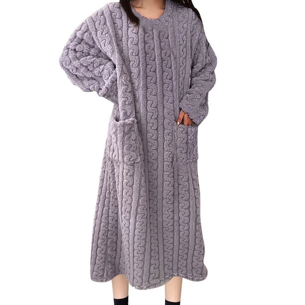Camisón largo de moda para mujer, bata de baño alargada, abrigada, de manga larga, con bolsillo