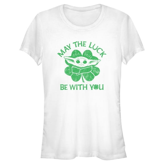Junior's Star Wars: The Mandalorian St. Patrick's Day Grogu May the Luck be with You Retro Graphic Tee White Small