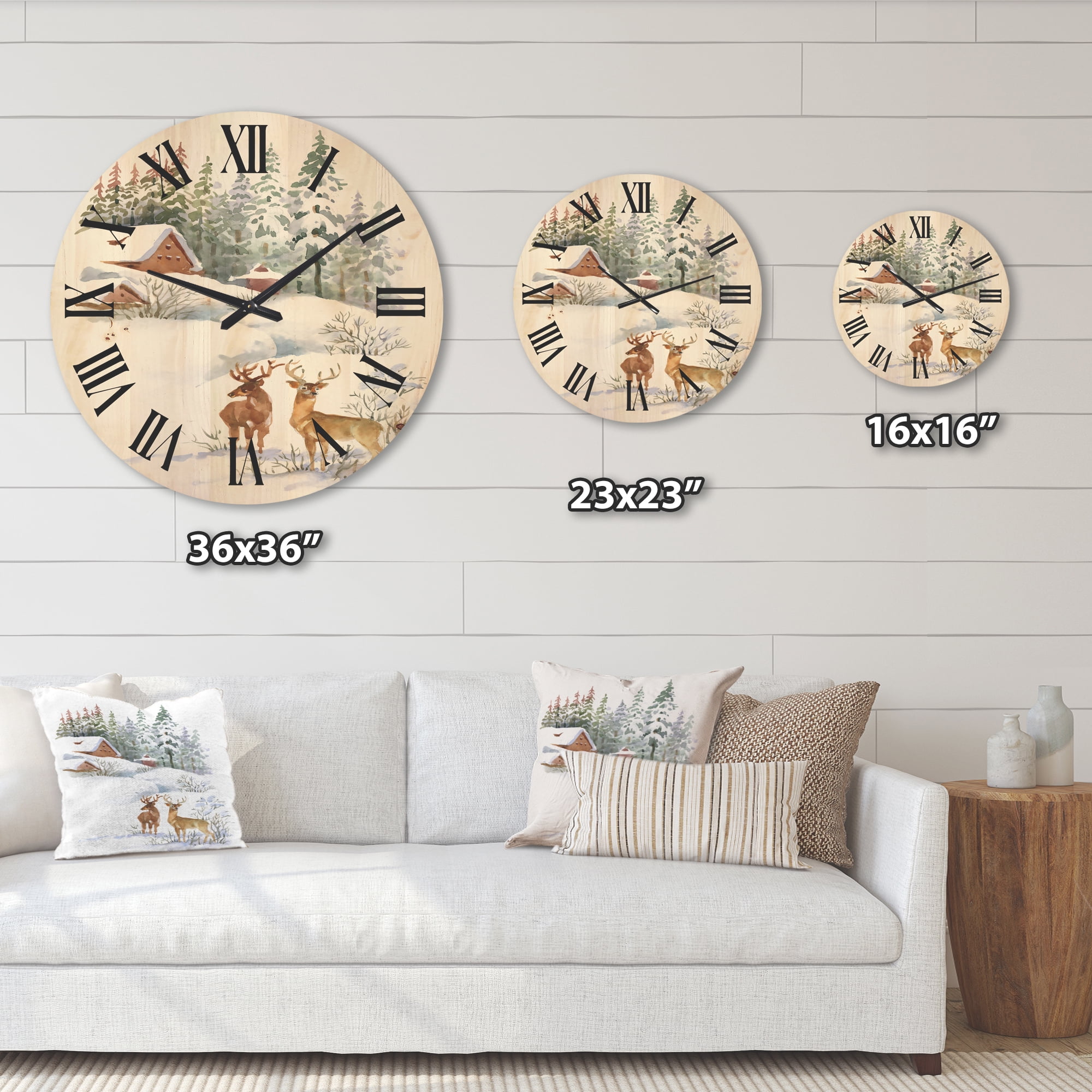 Designart 'Two Deers With Winter Cottage' Farmhouse Wood Wall Clock