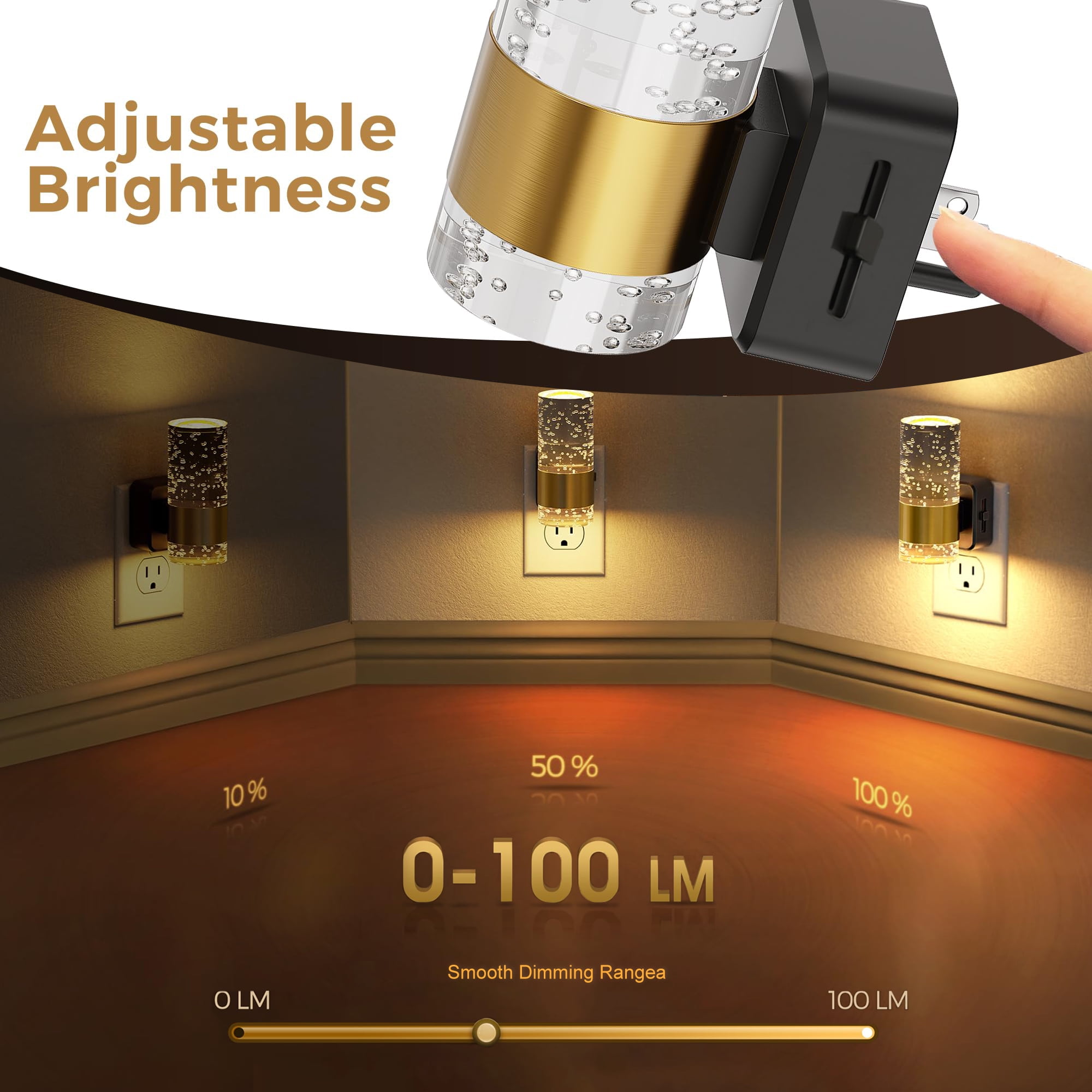 Beslands 2 Pack Dimmable LED Night Light Plug into Wall with Auto Light Sensor, Adjustable Brightness for Bathroom, Bedroom, Hallway, Stairway - Modern Acrylic Bubble Style (Gold) for Summer