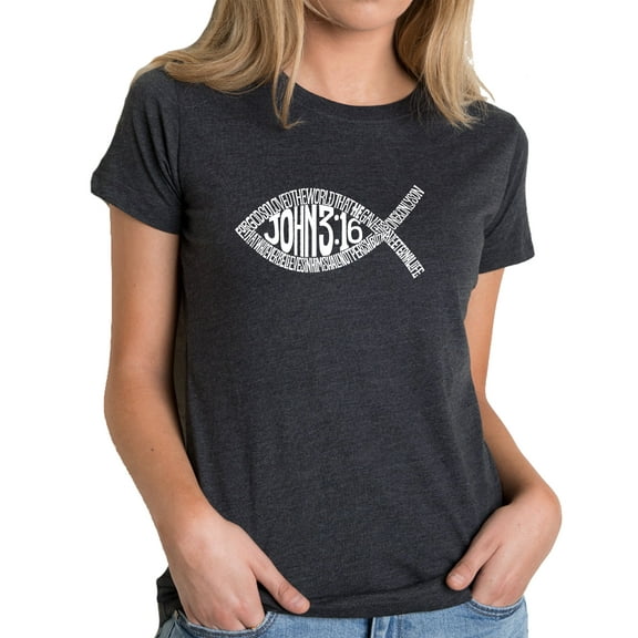LA Pop Art Women's Premium Blend Word Art T-shirt - John 3:16 Fish Symbol