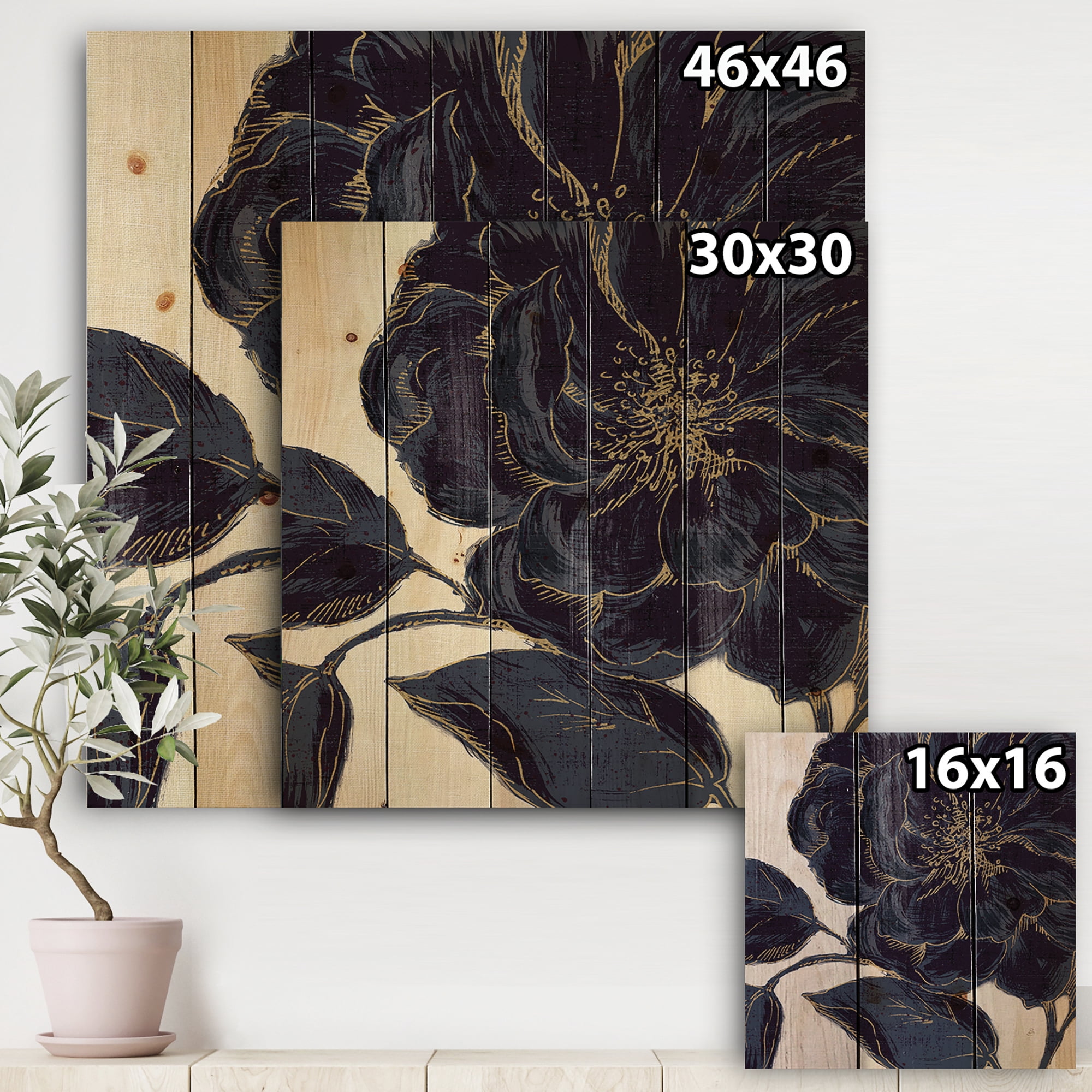 Designart 'Dark Rose Gilded Gold' Floral Print on Natural Pine Wood