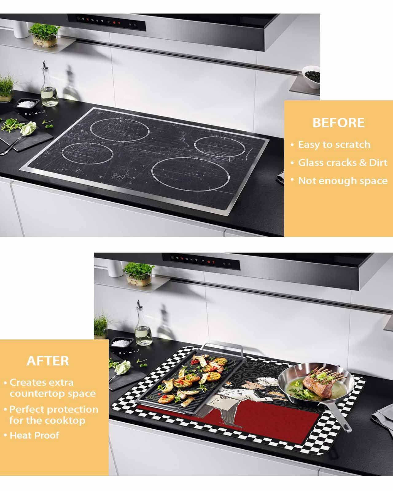 Large Induction Cooktop Protector Mat Chef Stove Top Covers for Electric Stove, Cartoon Cute Watercolor Cooking Red Black Decorative Stove Burner Cover Mats, Glass Top Stove Cover