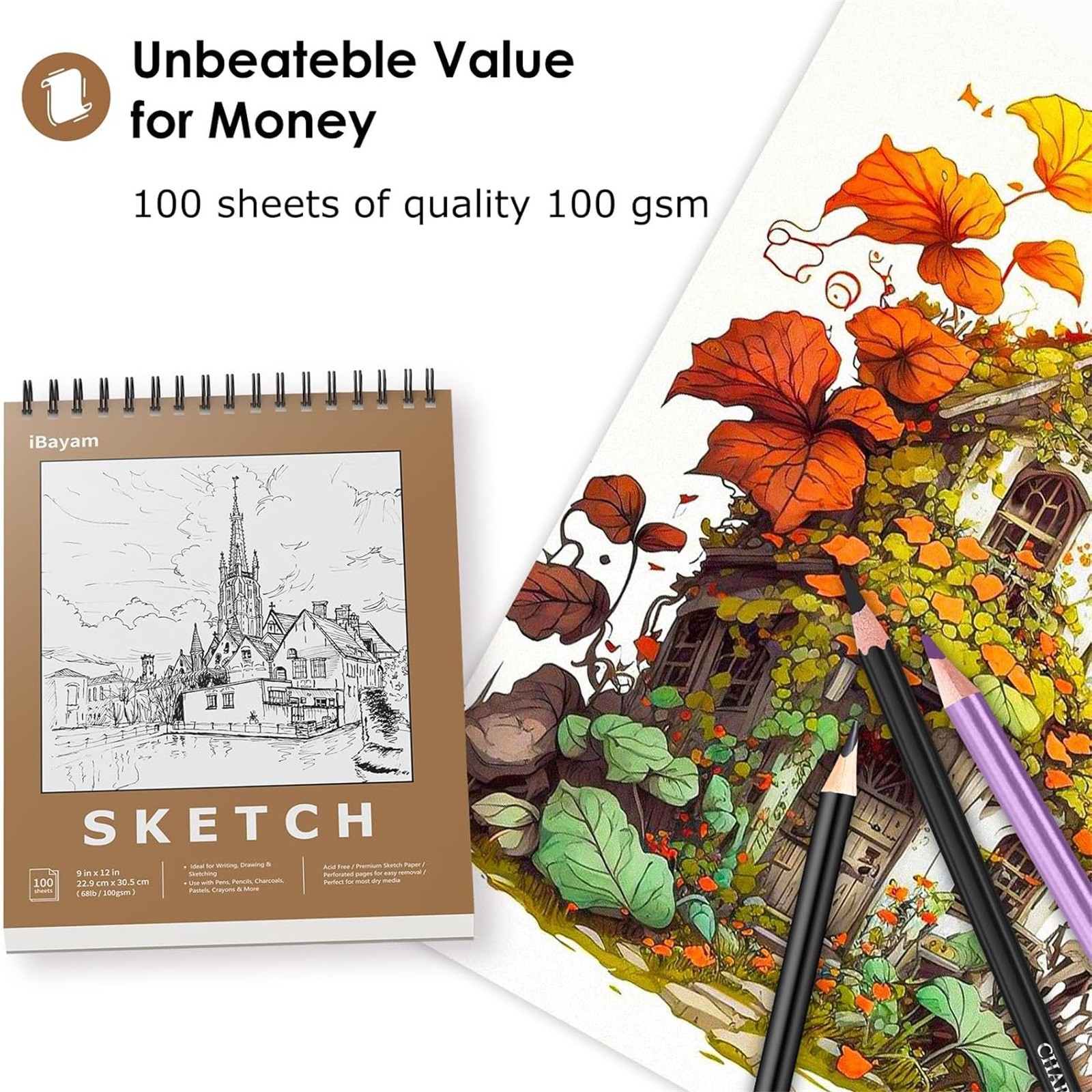 Clearance Office&Craft&Stationery under $20,9" X 12" Premium Sketch Book Set 1 Pack Bound Drawing Paper 100 Sheets (68lb/100gsm) Sketchbook Art Drawing Painting Sketching Pad Supplies For Chilre