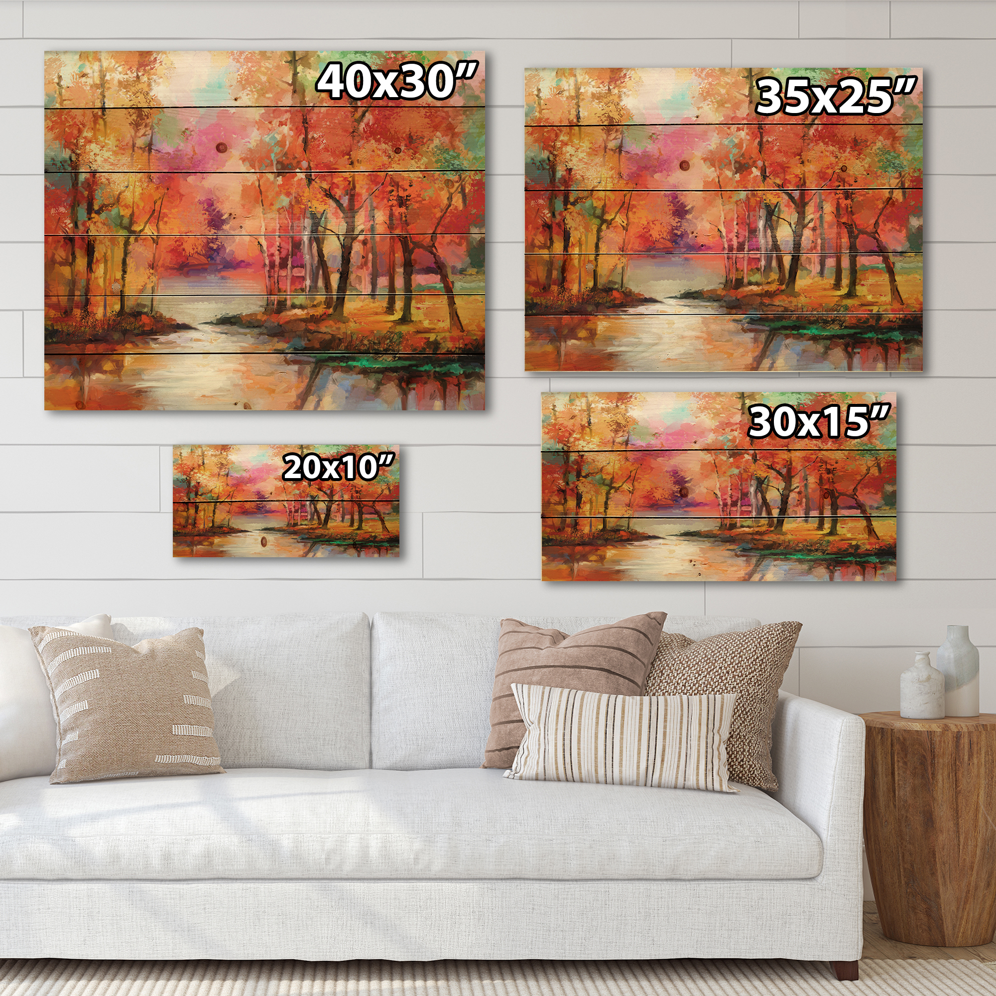 Designart 'The Lake In Autumn By Colorful Autumn Trees' Modern Print on Natural Pine Wood