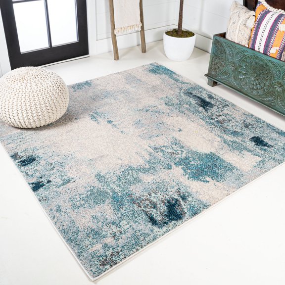 JONATHAN Y CONTEMPORARY POP 6' Square Area Rug, Modern Abstract Vintage - Cream/Blue, CTP104A-6SQ