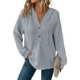 thumbnail image 6 of UoCefik Fall Sweatshirts for Women Plus Size Waffle Knit Drawstring Long Sleeve Hoodie Hooded Henley V Neck Buttons Pullover Trendy Soft Casual Tops Gray M, 6 of 8