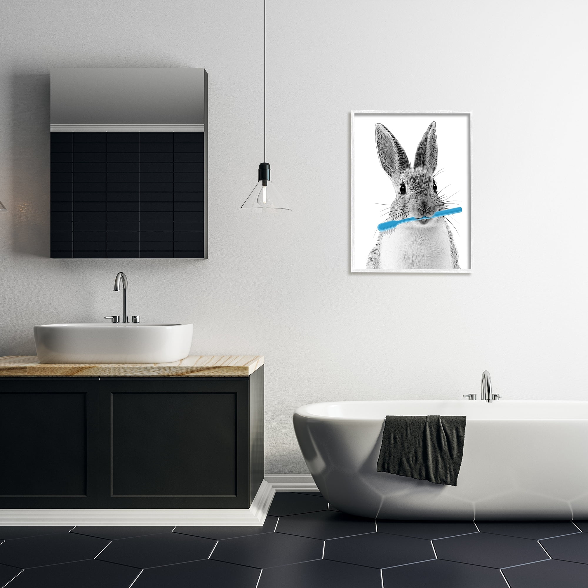 Stupell Industries Bunny Toothbrush Bathroom Animal Animals & Insects Painting White Framed Art Print Wall Art