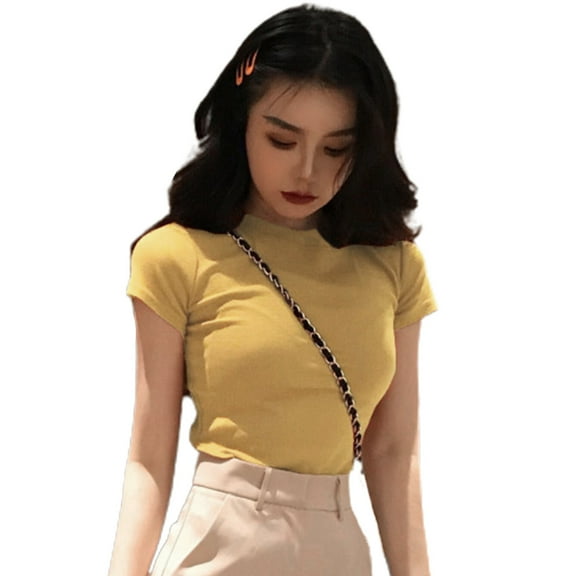 Yokua Women Teen Girls Summer Short Sleeve Round Neck T-Shirt Simple Solid Color Casual Slim Fitted Blouse Pullover Crop Tops Basic Layering Tee