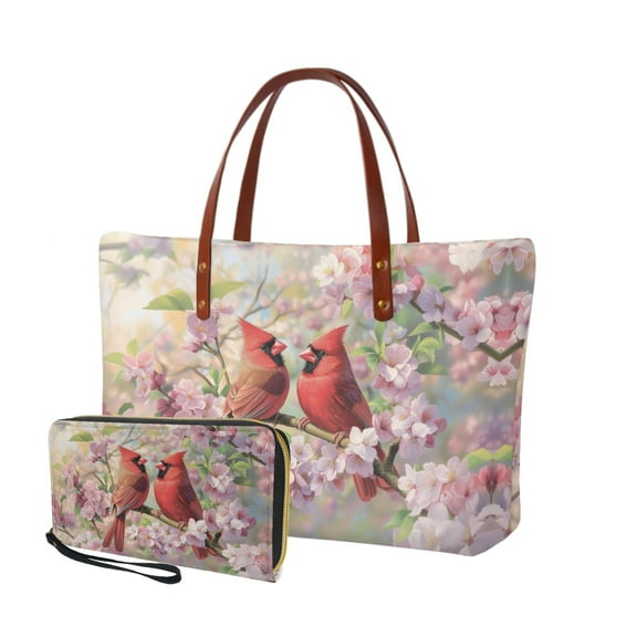 ZUXONGSY Cardinal Cherry Blossom Print 2 PCS Handbags and Purses for Women Portable Top Handle Satchel Tote Bag Shoulder Bag Slim Wallet with Handle for Outings Travel
