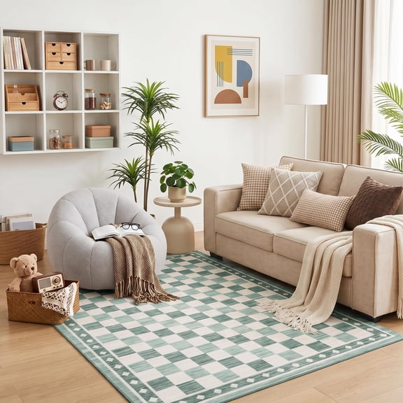 Checkered Area Rug 5 x 7 for Living Room, Geometric Print Washable Soft Rugs, Modern Non Slip & Low Pile Carpet for Bedroom, Dining Room, Green