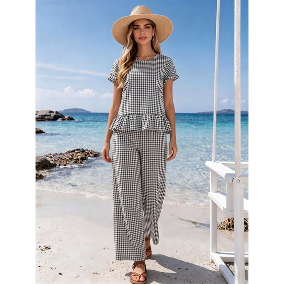 OYYN 2 Piece Sets for Women Lounge Plaid Ruffle Hem Tops Wide Leg Casual Dressy Lounge Sets