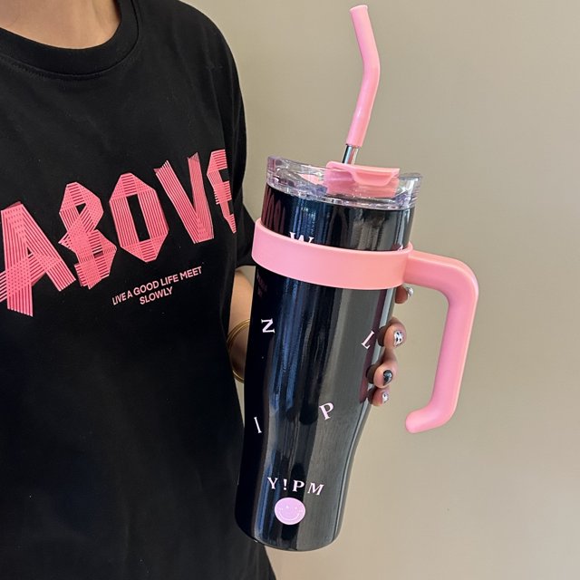 Taza de vacío de acero inoxidable con relieve tridimensional, ligera, de lujo, de gran capacidad, con pajita