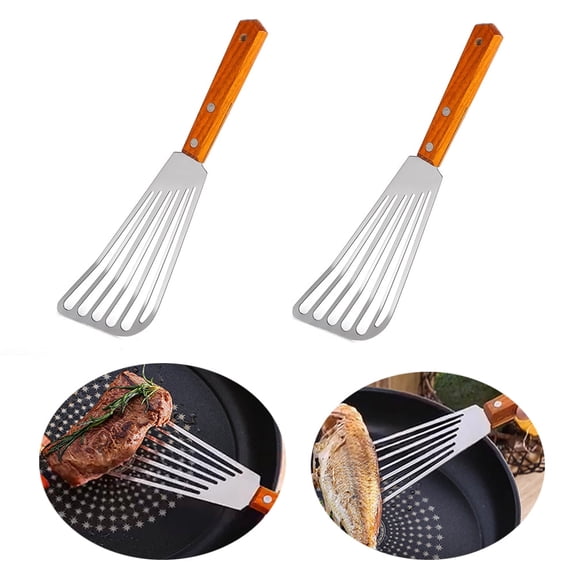 TAROFIIH2 Pcs Wooden Handle Fish Spatula – Stainless Steel Large Slotted Turner, Heavy Nonstick Frying Shovel for Steak Egg Omelette Cookie, Kitchen Metal Flipper Set