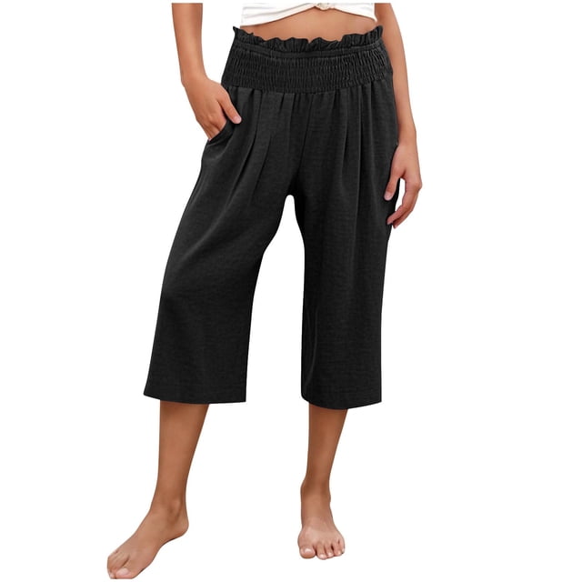 Besolor Womens Summer Capri Pants Ruffle Elastic Waist Casual Beach Cotton Linen Cropped Trousers with Pockets