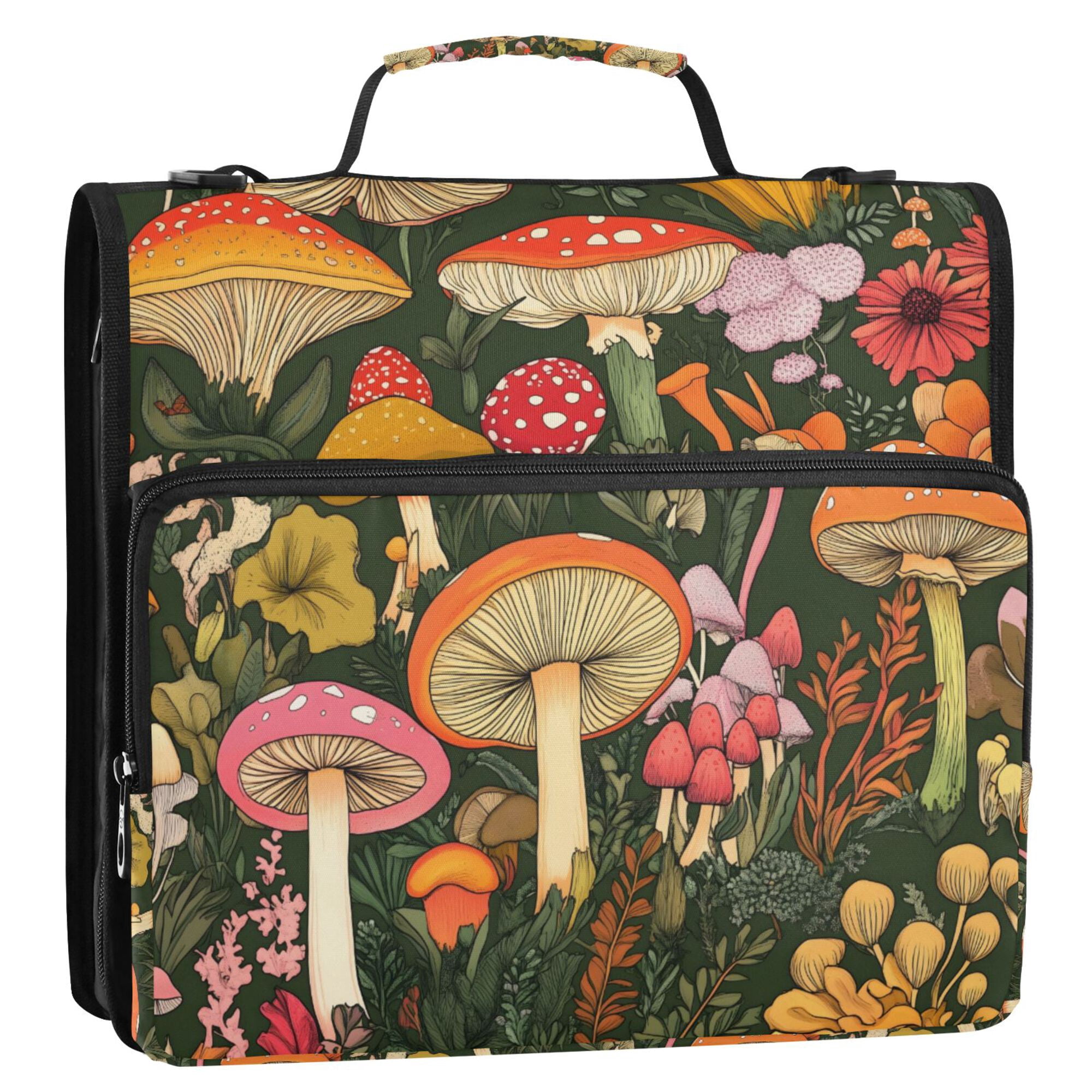 FORMRS Zipper Binder with Shoulder Strap 2-inch Ring 500 Sheet Capacity File Bag, Colorful Mushroom