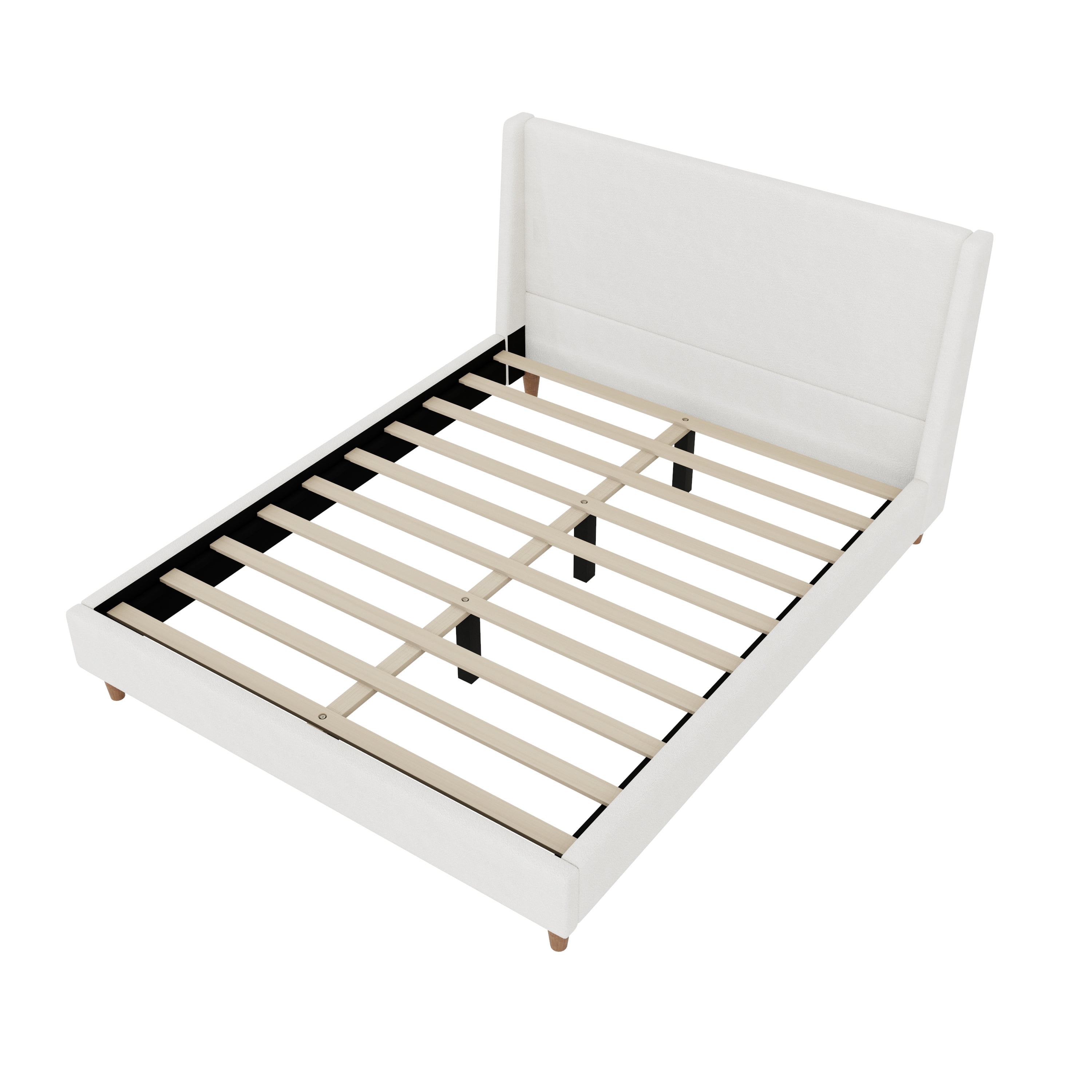 Euroco Modern Queen Size Boucle Upholstered Platform Bed with Wingback Headboard and Wooden Legs