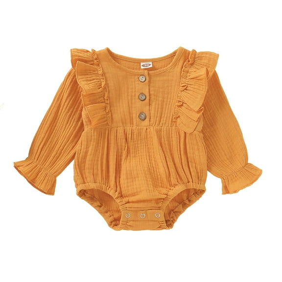 Newborn Baby Girls Romper 9 Months Baby Girls Jumpsuit Onesies Bodysuit 12 Months Baby Girls Long Sleeve Solid Color Button Romper,Yellow