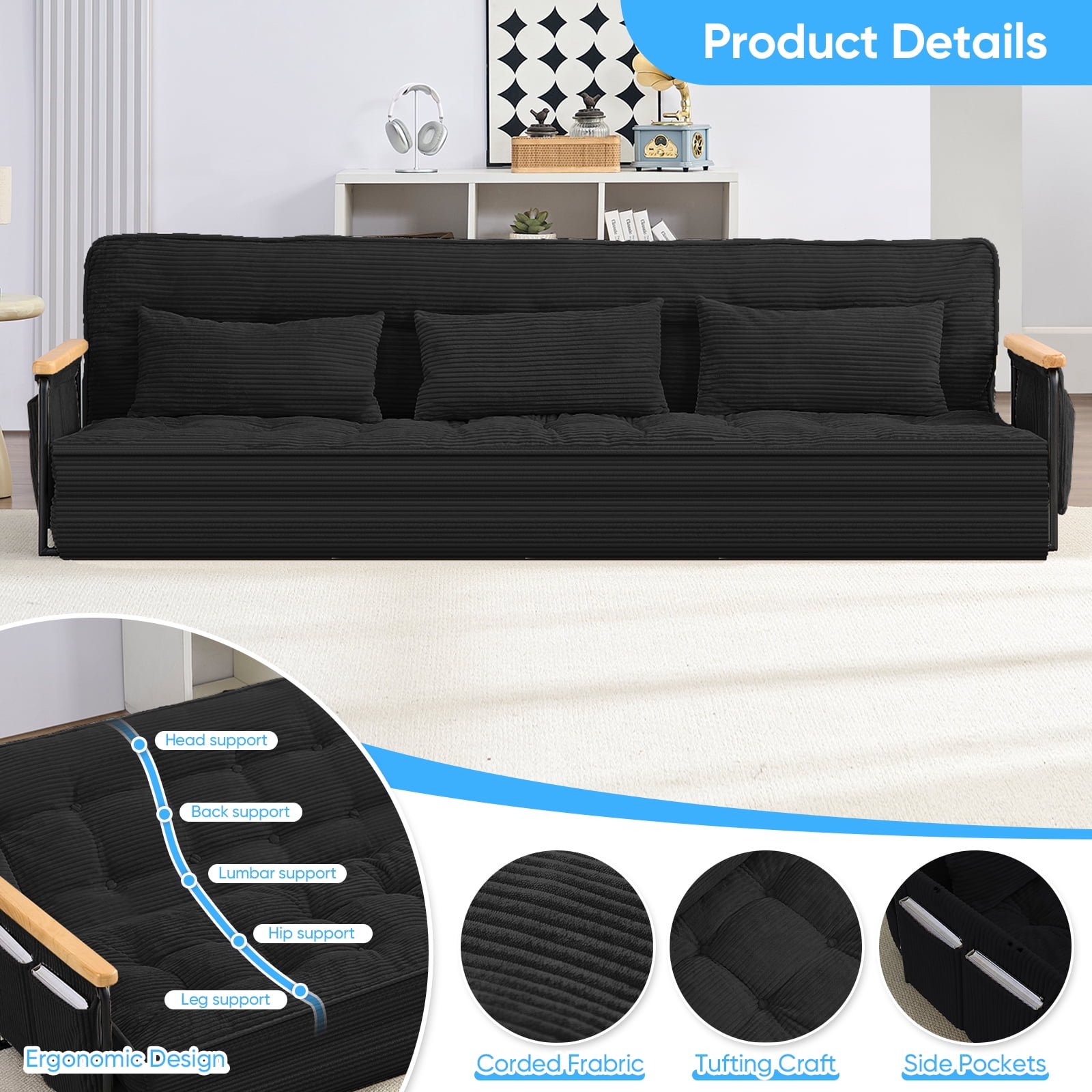 BALUS Futon Sofa Bed, 4-in-1 Corduroy Floor Couch Bed with Folding Mattress, Convertible Sleeper Sofa for Living Room, Black