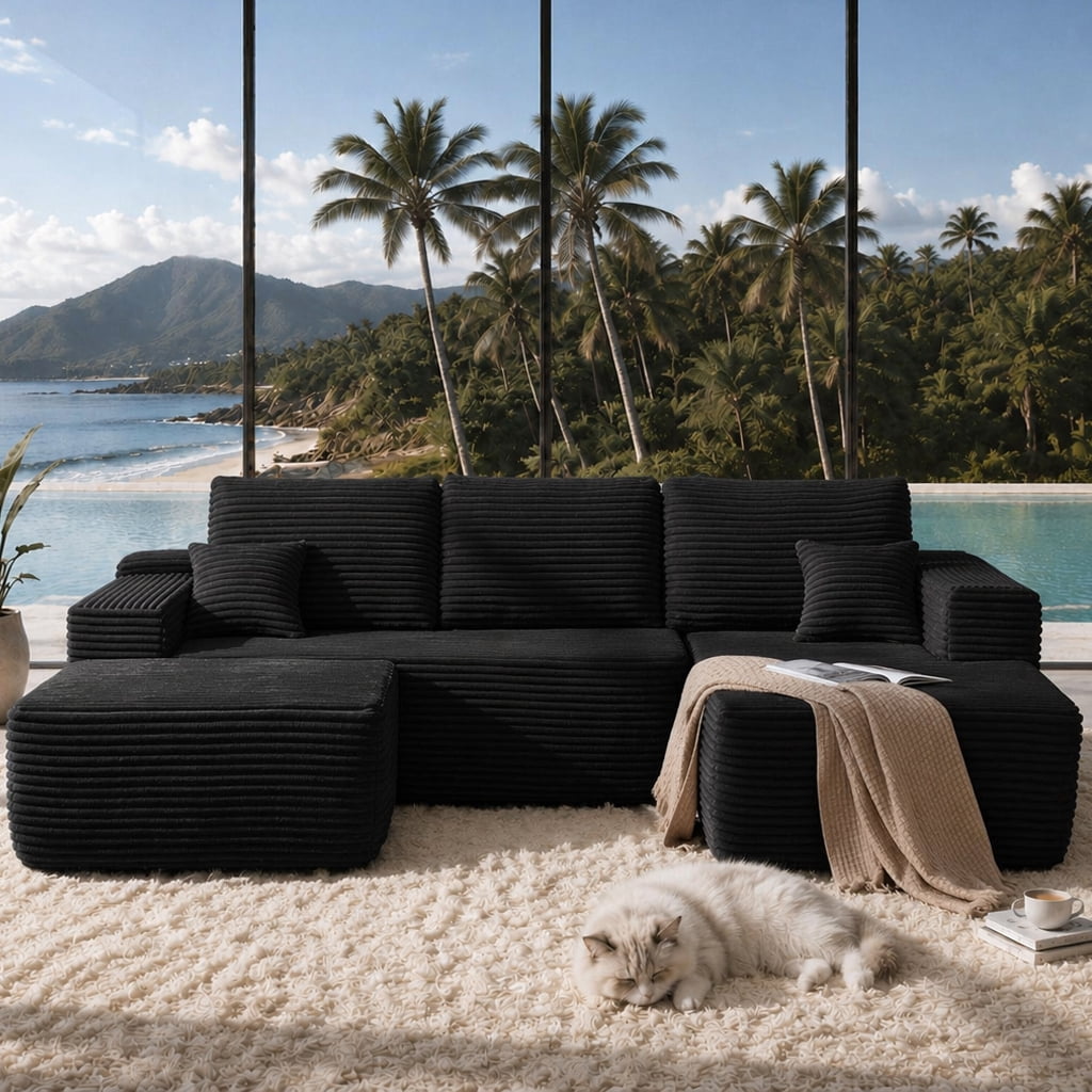 Cloud Sectional Sofa 104 Inch, U-Shape Modular Couch with Side Pockets and Deep Seating, Upholstered Living Room Sofa, No Assembly Required, Black, Right Chaise