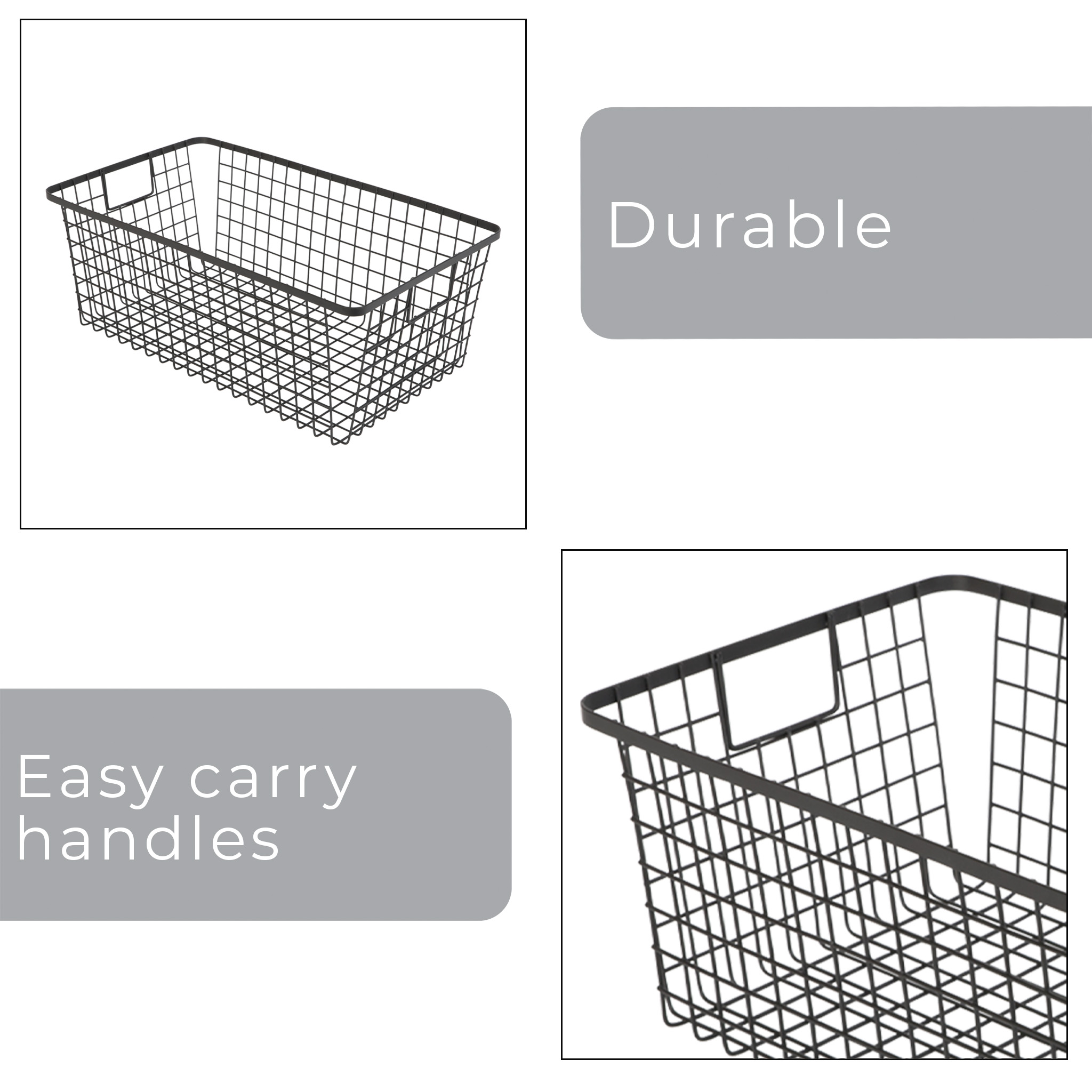 Smart Design Nestable Basket Organizer with Handles - 9 x 16 x 6 inch - Black - Set of 4