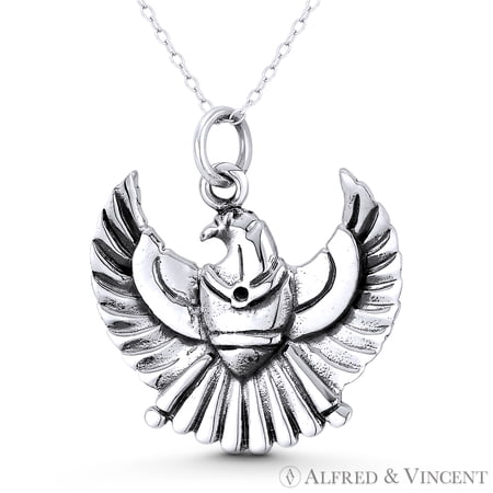 Horus, the Falcon God Egyptian Pharaoh Charm 33x31mm (1.3x1.2in) Pendant & Chain Necklace in Oxidized .925 Sterling Silver