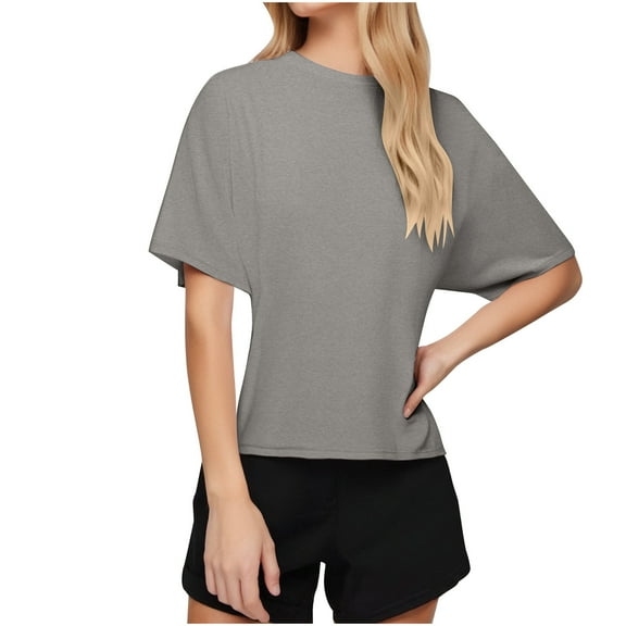 Women's Basic Shirts Crew Neck Short Sleeve Tunic Tops Solid Color Tee Casual Loose Fit Soft Comfy Clothes (XS, Gray)