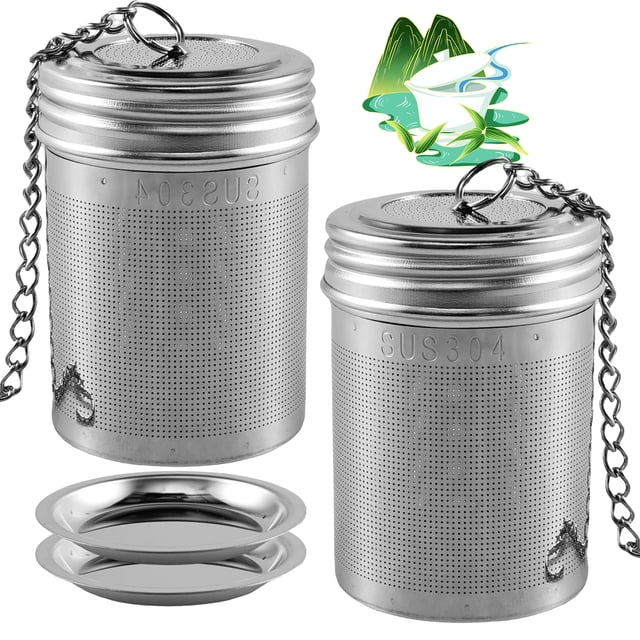 Qenwkxz 2Pcs Tea Infuser Strainers with Drip Tray 304 Stainless Steel Tea Diffusers with Chain Hook Fine Mesh Tea Strainers Threaded Lid Tea Filter Strainer Easy to Use Loose Tea Infuser for Teapot