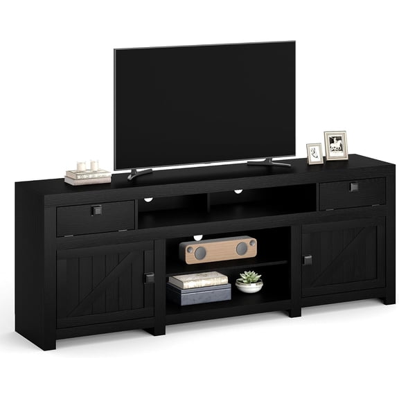 Farmhouse TV Stand for 80 in TVs, Long Entertainment Center with 4 Storage Drawers & 3 Open Shelf, White/Black/Grey Television Consoles Stands for Living Room, Bedroom