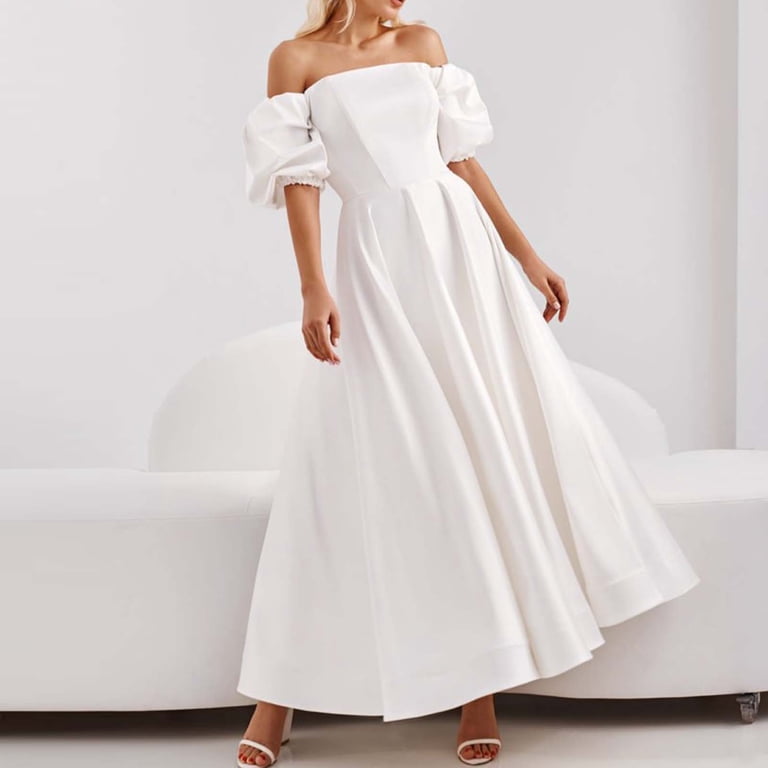 Ruziyoog White Dress for Women, Puff Sleeves One Shoulder Slim Long Dress,  Elegant Sexy A-Line Tight Waist Swing Dress, Wedding Guest Evenning Party  Dress - Walmart.com