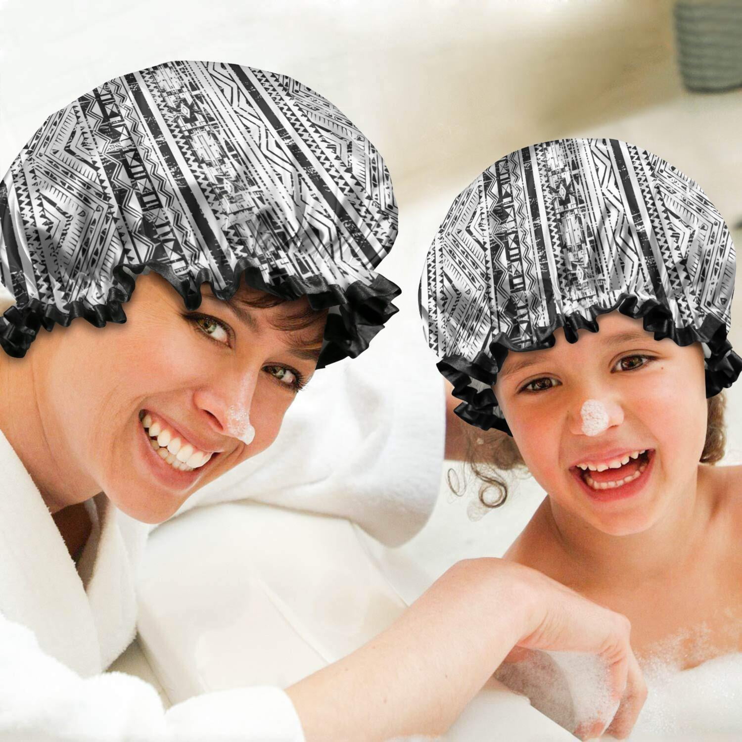 Shower Caps,Black Geometric Triangle Diamond Pattern Waterproof Shower Cap for Women 4 Pieces,Double Reusable Hair Cover for Shower PEVA Elastic Stretch Hem